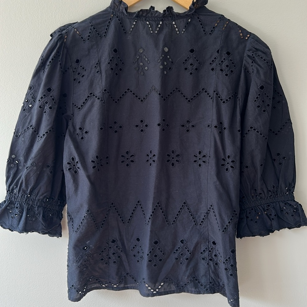 Rebellion Black Eyelet Puff Sleeve Button Front Top - Picture 7 of 8